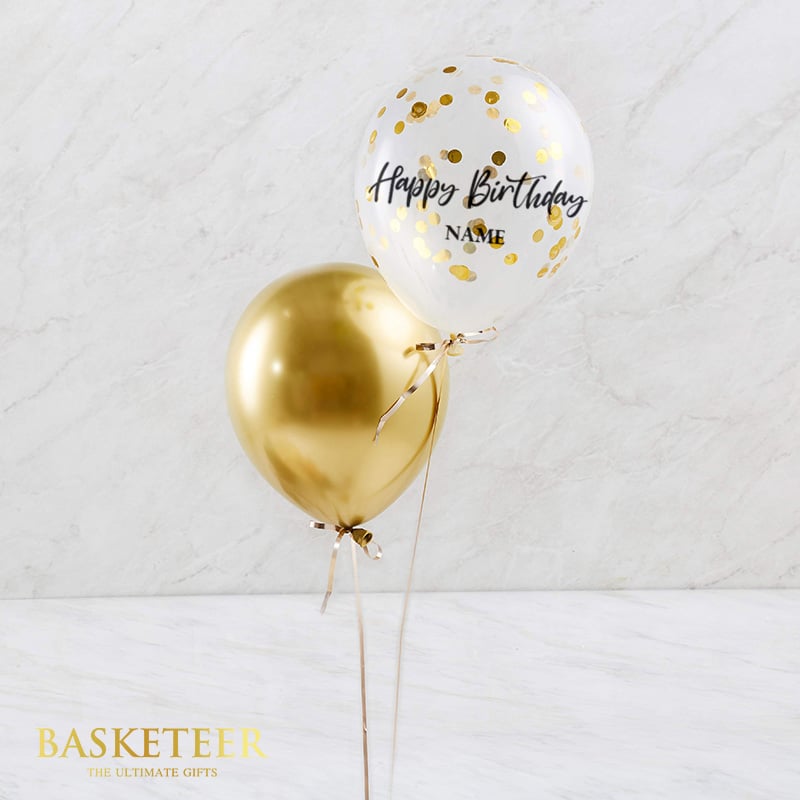 Gold confetti and metallic balloon set with personalized Happy Birthday message