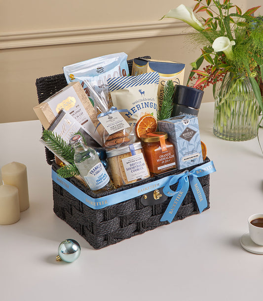 Blue Morning Granola & Tea gourmet gift hamper with macadamia cookies, marmalade, and shortbread for New Year