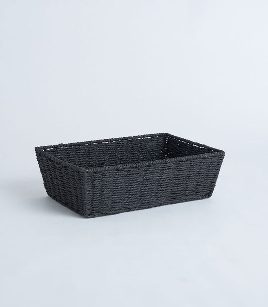 Dark woven rectangular basket with open top for storage and gifting
