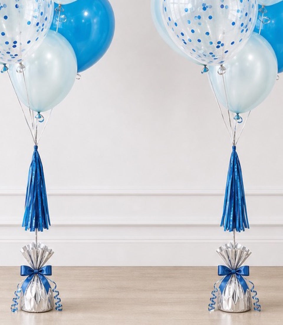 Blue and white confetti balloons with blue tassel and silver weight base, elegant party decoration set.