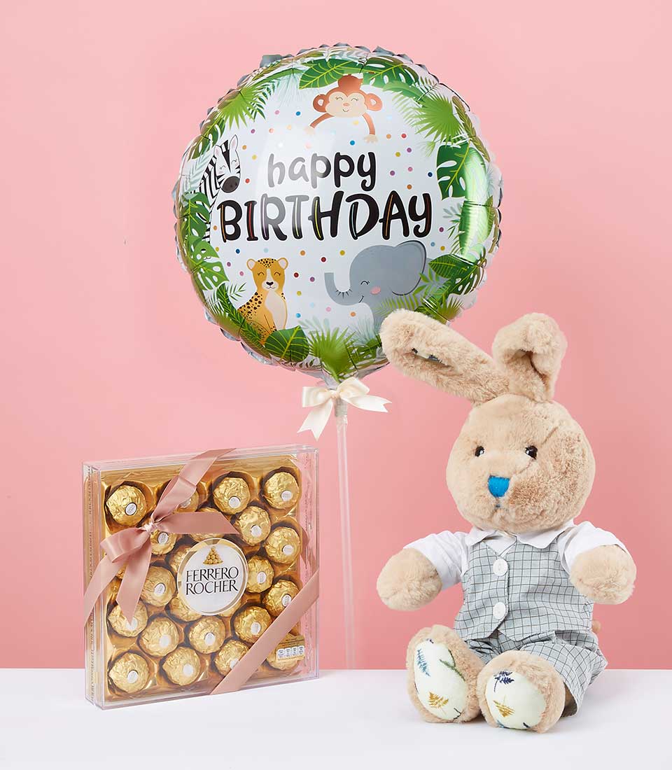 Birthday balloon with jungle animals, soft plush bunny toy, and Ferrero Rocher chocolates gift set