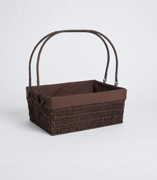 Handwoven dark brown wicker basket with double handles and removable fabric lining