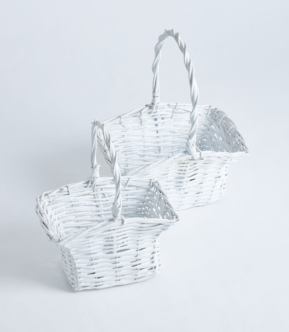 Pair of white wicker flared baskets with twisted handles, premium gift hamper vessels