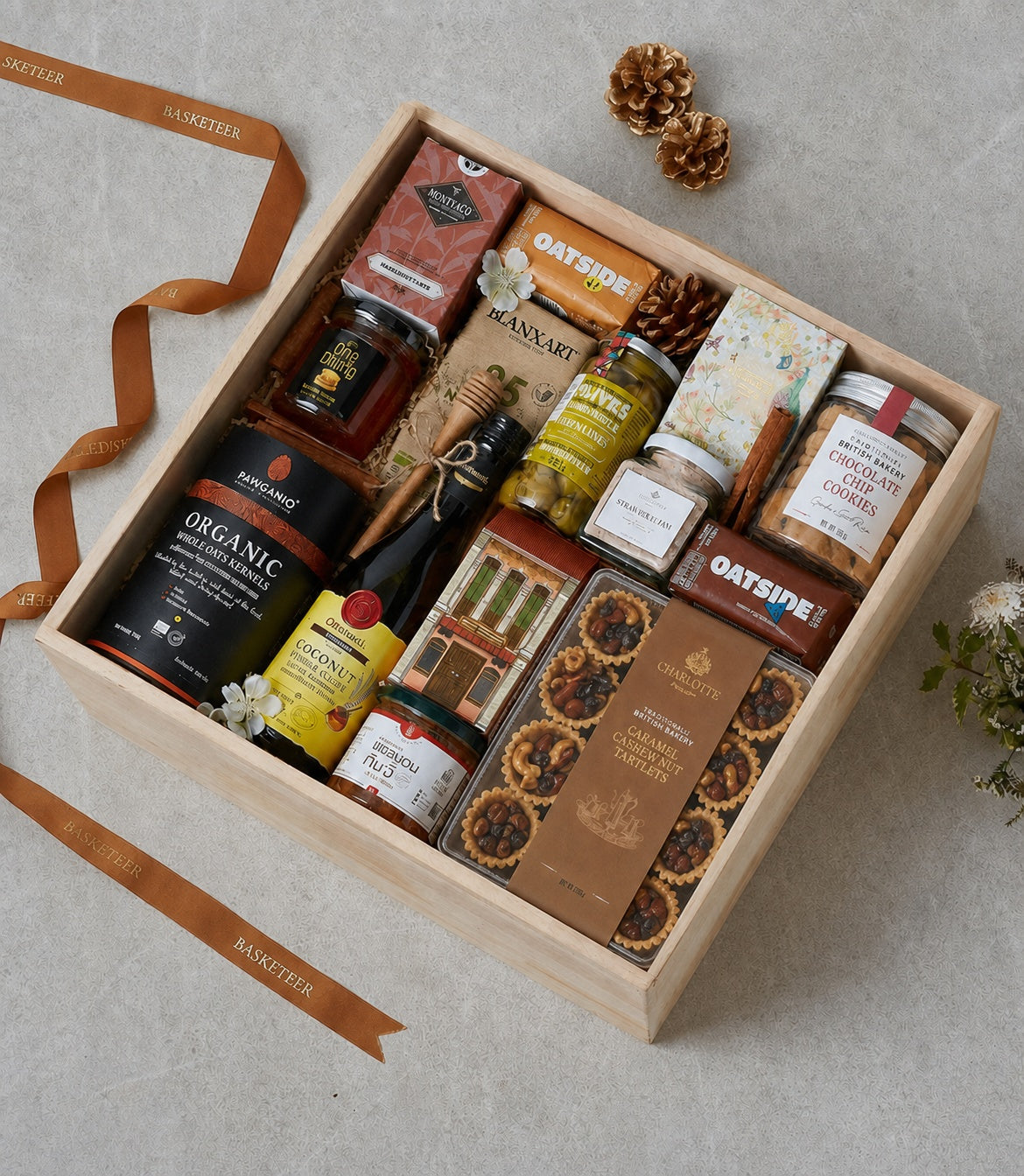 Basketeer luxury gift hamper in a natural wooden crate, featuring premium