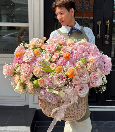 Pink Rose, Hydrangea & Tulip Flower Basket