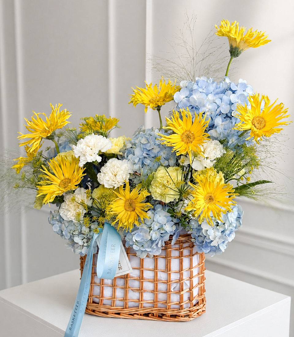 Sunshine Gerbera & Blue Hydrangea Basket