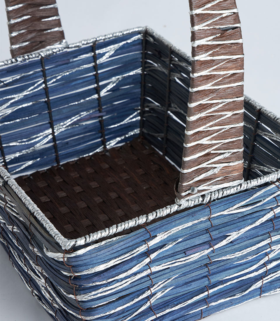 Blue grey metal frame rectangular gift basket with woven brown handle
