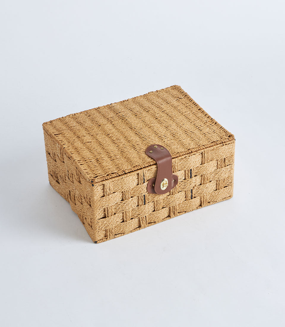 Natural woven storage basket with leather lock and gold clasp, light brown wicker hamper for gifting
