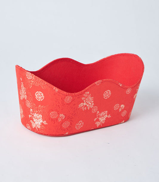 Red fabric gift basket with gold peony motifs and double happiness symbols, silk-finish Chinese festive design