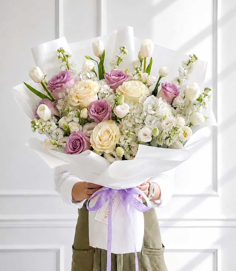 Pastel Lilac Rose & White Tulip Bouquet