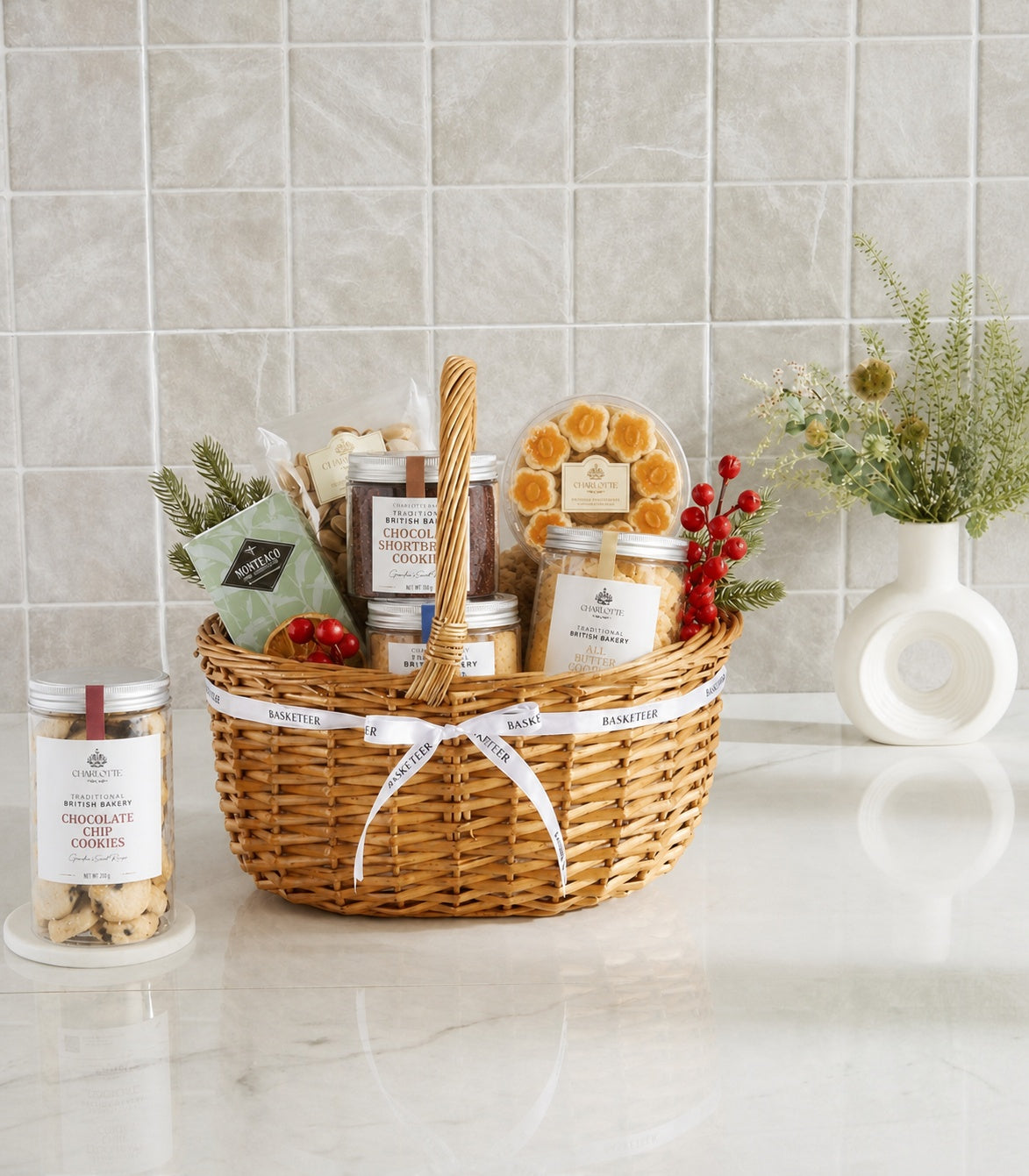 Basketeer luxury gift basket with premium chocolate shortbread, butter biscuits