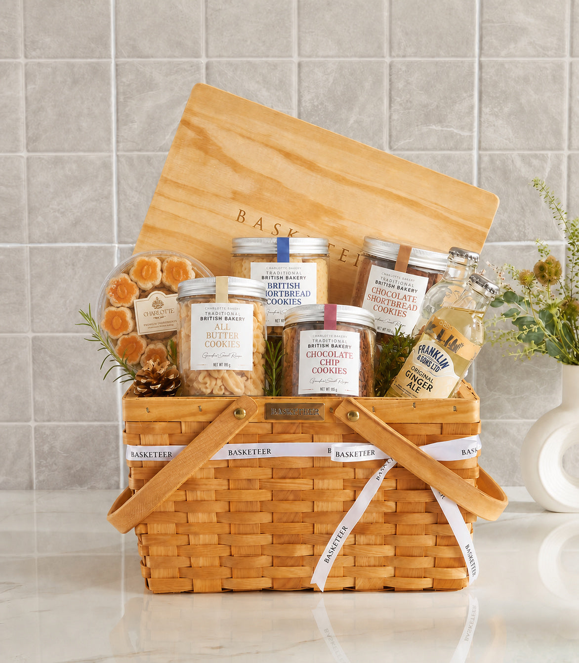 Basketeer luxury gourmet hamper with British Bakery cookies, ginger ale, and pastries