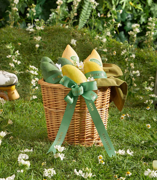 Premium Thai mango gift basket with kitchen towel, woven wicker with green ribbon bow