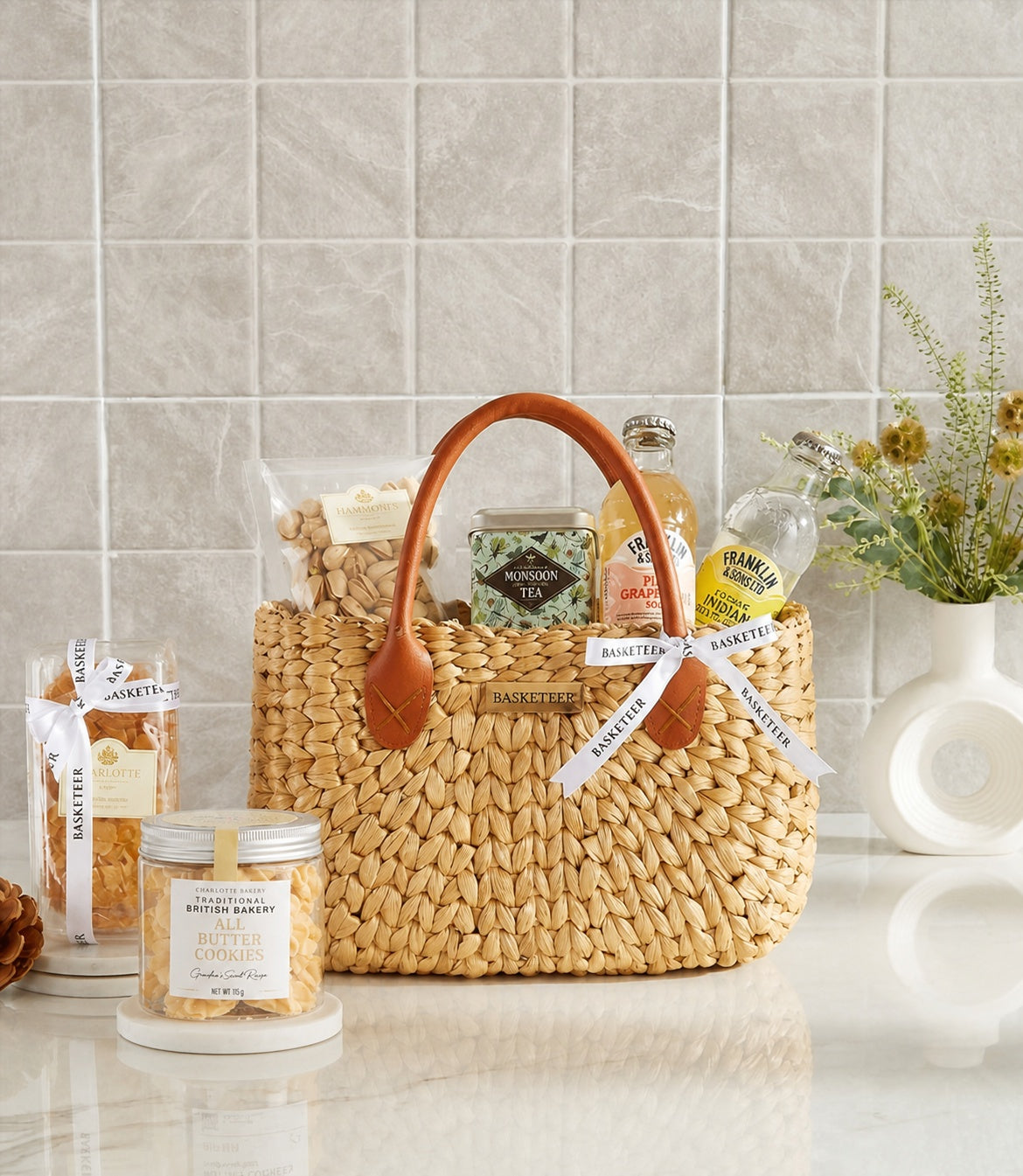 Basketeer luxury summer gift hamper with premium butter cookies, tea