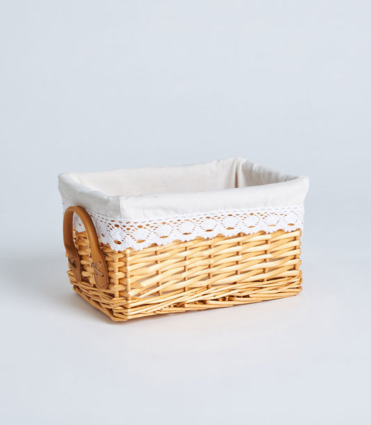 Basketeer premium handwoven wicker basket with elegant lace-trim fabric
