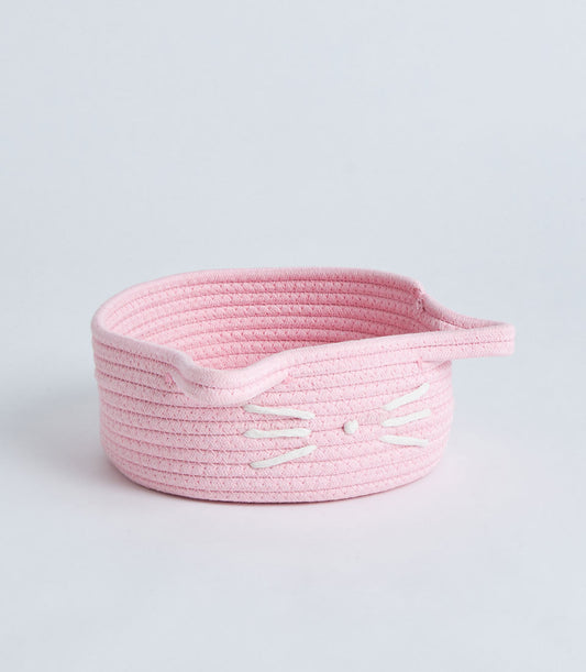 Pink cotton rope storage basket with embroidered cat face and handles