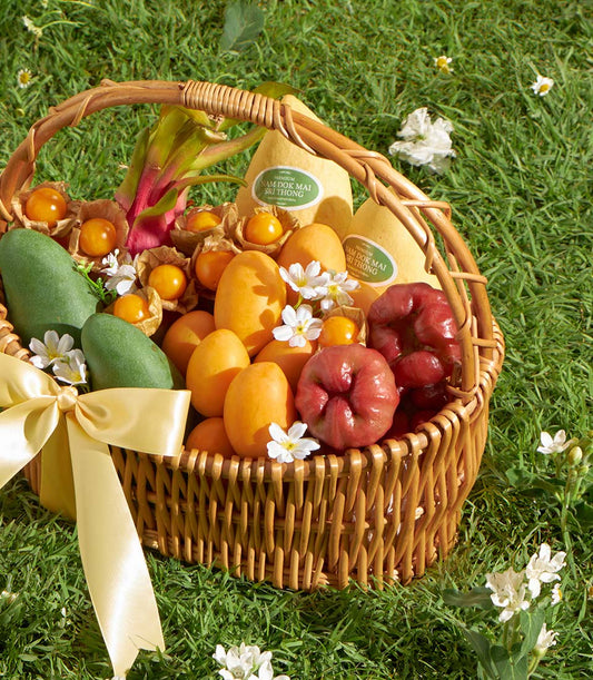 Woven wicker fruit basket with yellow ribbon bow filled with tropical mangoes, apricots, rose apples, and ground cherries on