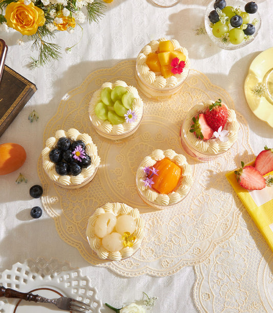 Summer Mini Chiffon Cake Collection with fresh cream and assorted mango, berries, peach and lychee parfaits