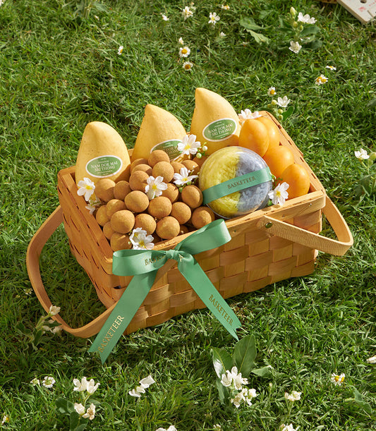 Premium longan, mango and mayongchid tropical fruit gift basket with artisan sticky rice dessert