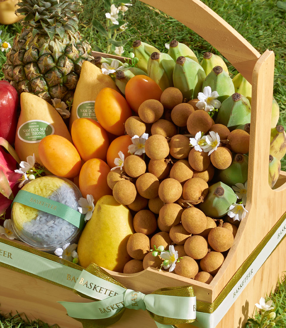 Premium Thai fruit basket with longan, mango, pineapple and sticky rice gift
