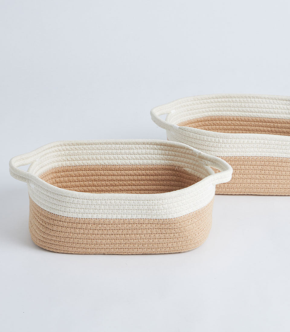Beige and cream cotton rope storage baskets with handles and lids, nested set of two