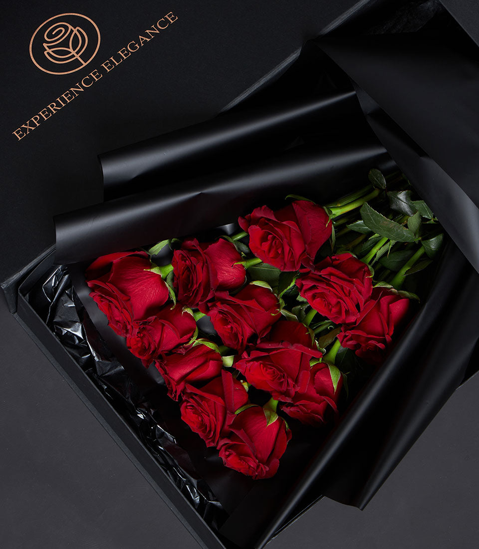 Premium red roses in black luxury gift box for Valentine's Day
