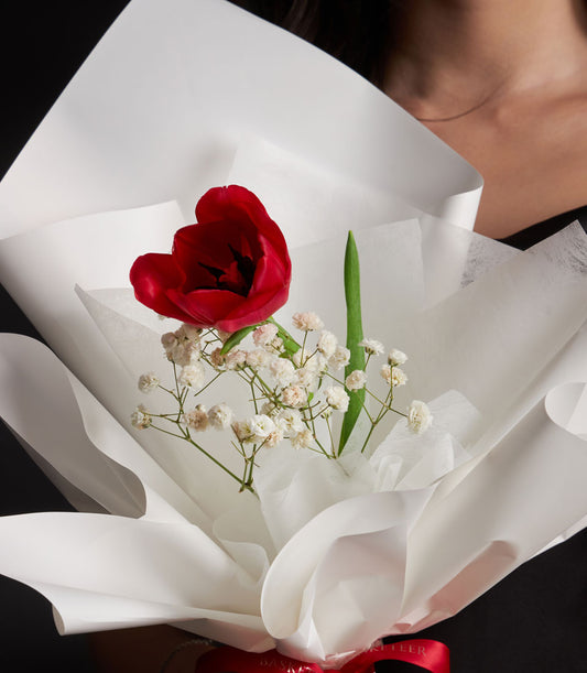 Red tulip and gypsophila Valentine bouquet wrapped in white tissue paper