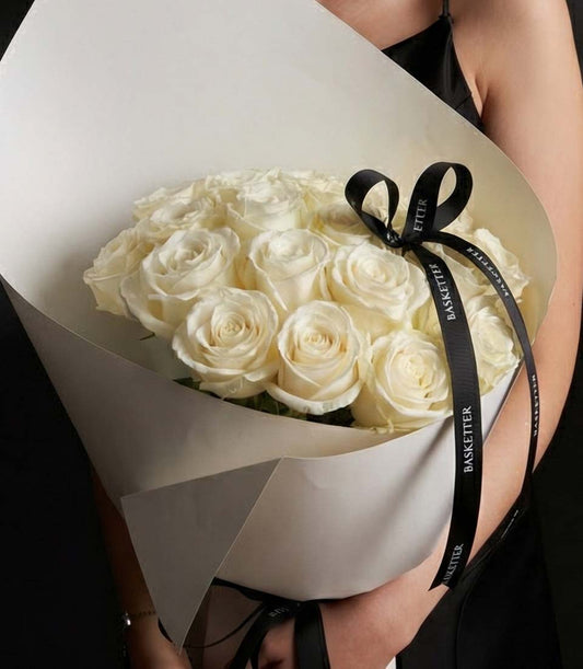 Premium white Ecuador roses bouquet with black ribbon bow, perfect Valentine's gift
