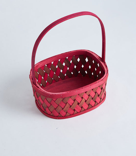 Red wooden weave basket with handle, diagonal striped woven design, perfect for luxury gift hampers and artisan presentations