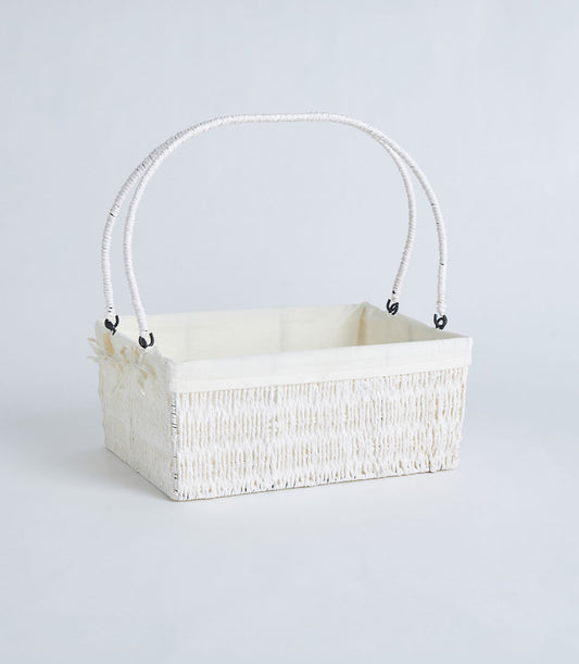 Elegant white woven paper rope basket with dual handles and cream fabric lining for luxury gift presentation