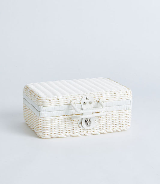 White wicker suitcase basket with silver clasp and faux leather handle