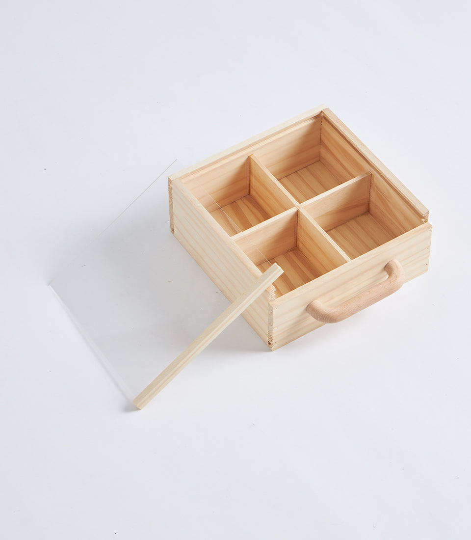 Natural Wood Compartment Gift Box with Handle