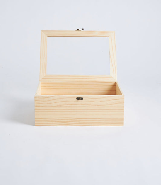 Basketeer's elegant natural wood gift box with clear acrylic lid, perfect