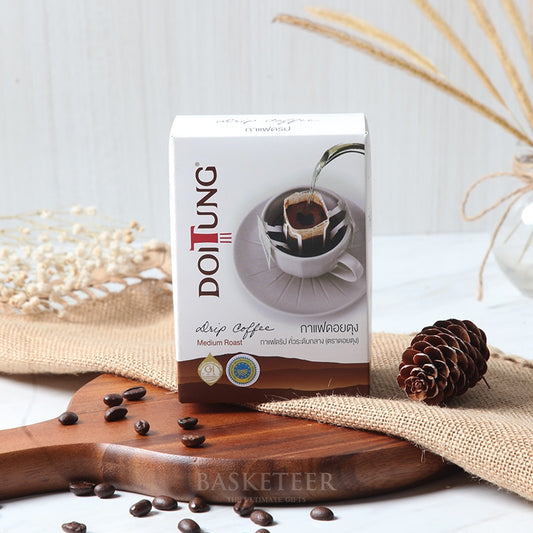 DoiTung medium roast drip coffee gift box with artisan packaging on burlap and wood