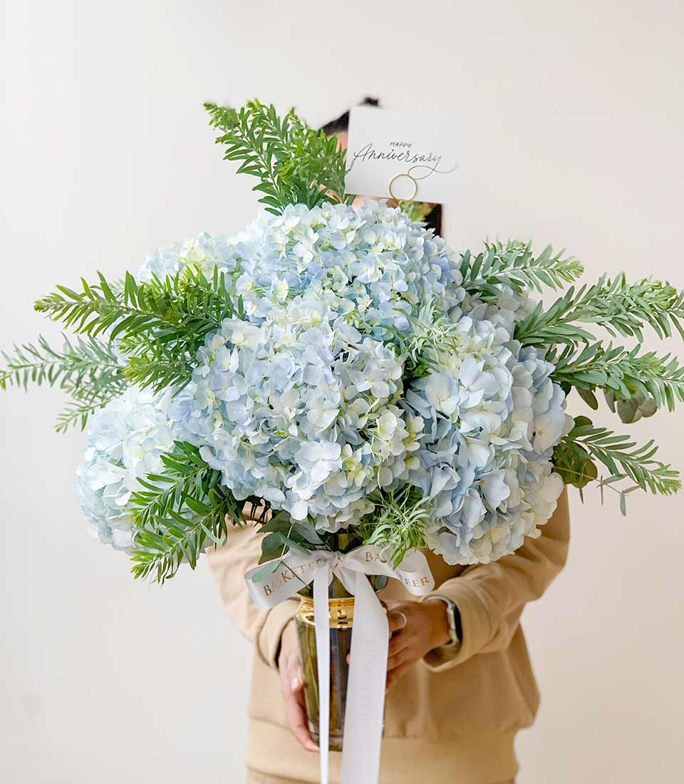 Pastel blue hydrangea bouquet in dark glass vase with white ribbon, perfect for mum or anniversary gifting