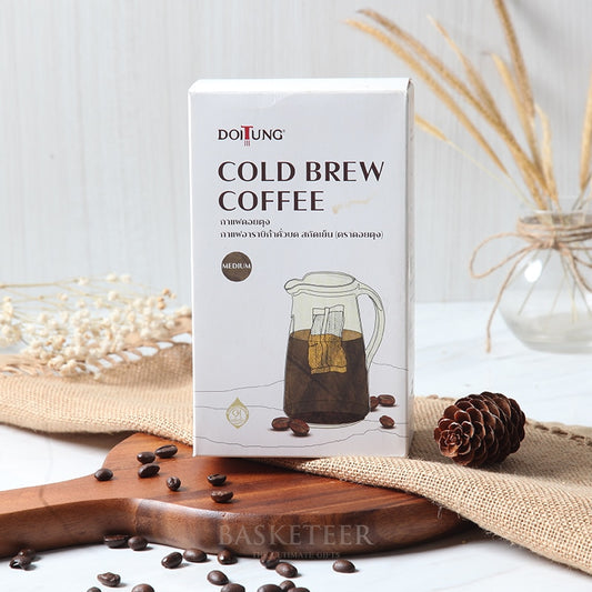 DoiTung medium cold brew coffee gift box with artisan packaging on wooden board