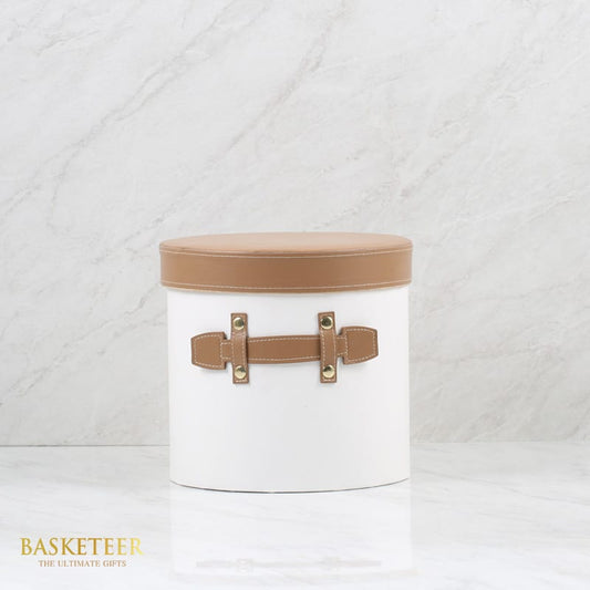 Basketeer: Chic white gift box with faux leather trim. Ideal for luxury gift baskets in Bangkok or premium hamper delivery in Thailand.