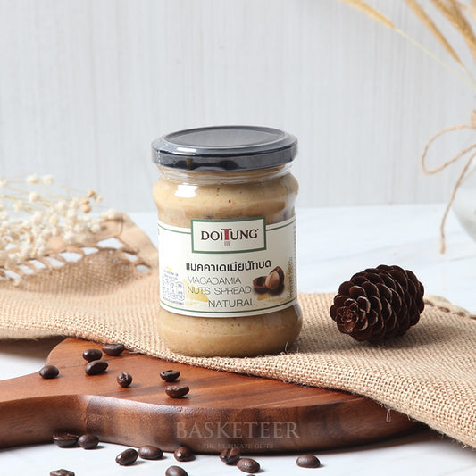 Doi Tung macadamia nuts spread in glass jar with creamy natural texture, premium gourmet gift hamper essential