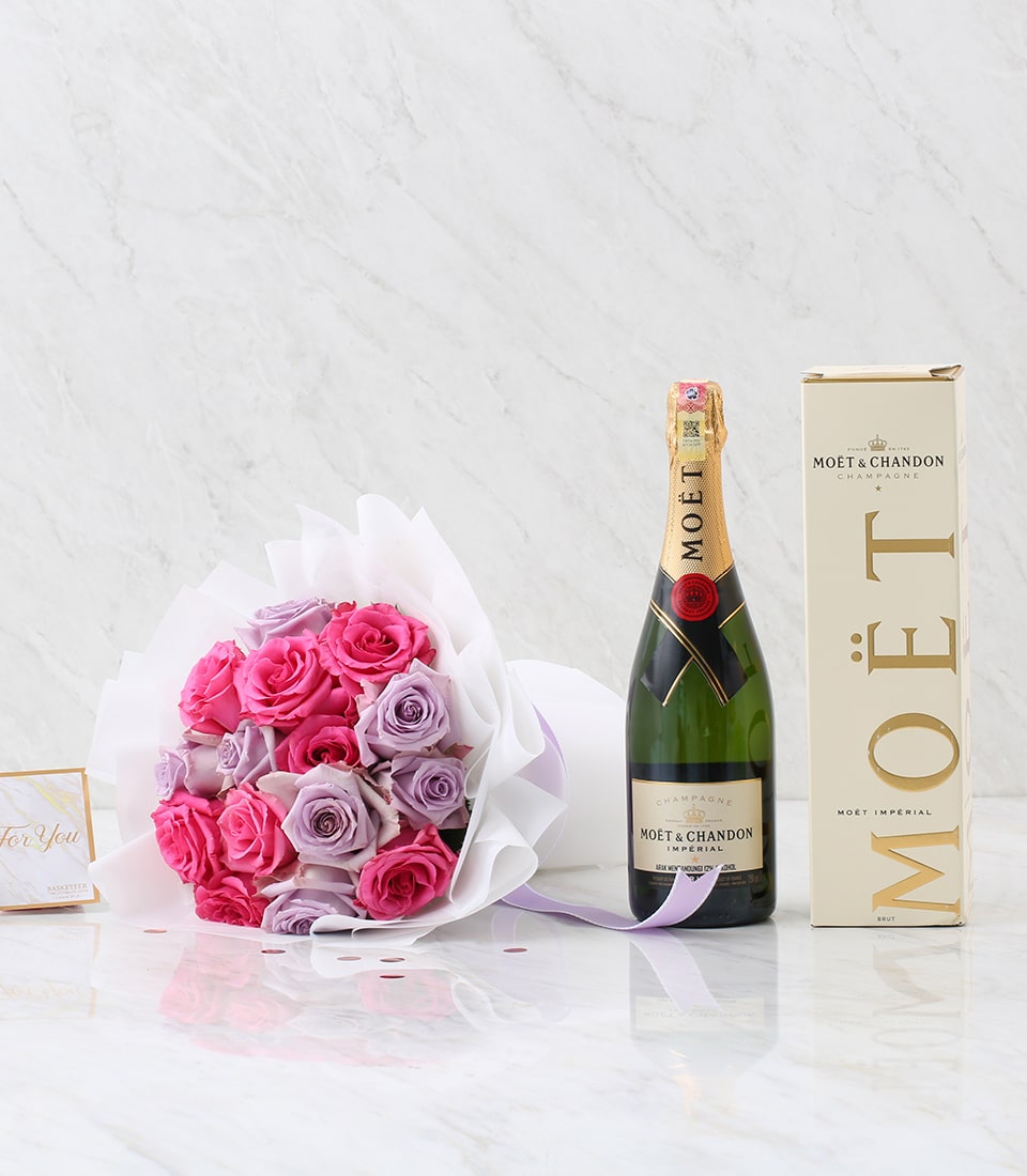 Luxury champagne and rose bouquet gift set with hot pink and lavender roses for anniversary celebrations