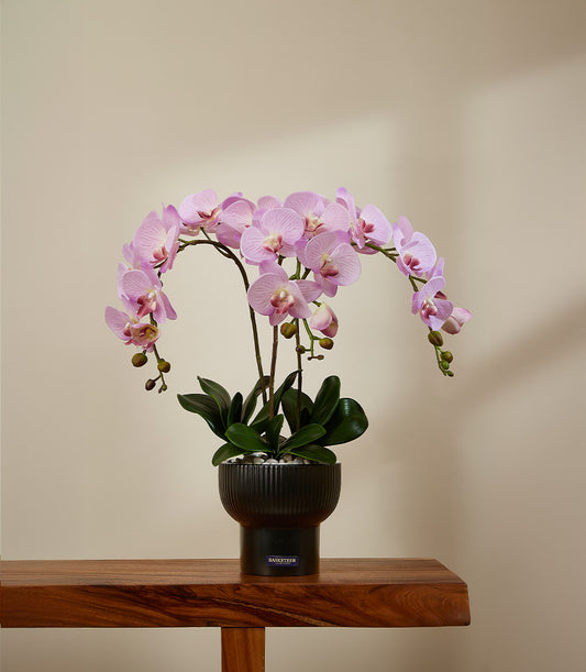 Elegant light purple potted orchid with green leaves in black fluted pot, white decorative stones, premium faux flowers for