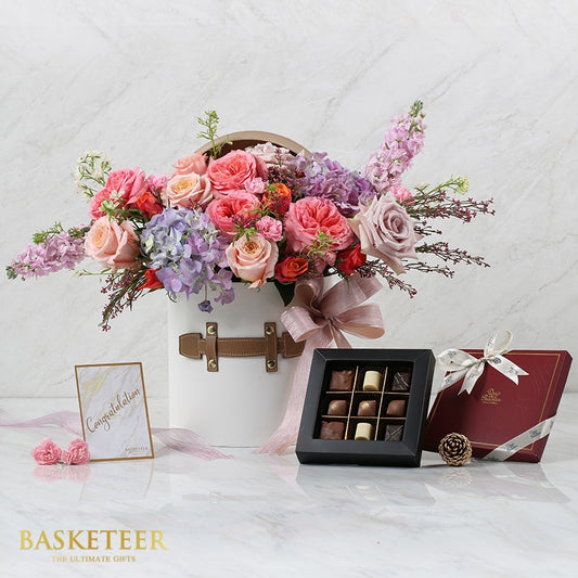 Premium rose and hydrangea hatbox with artisan chocolates and greeting card, luxury gift set for special occasions