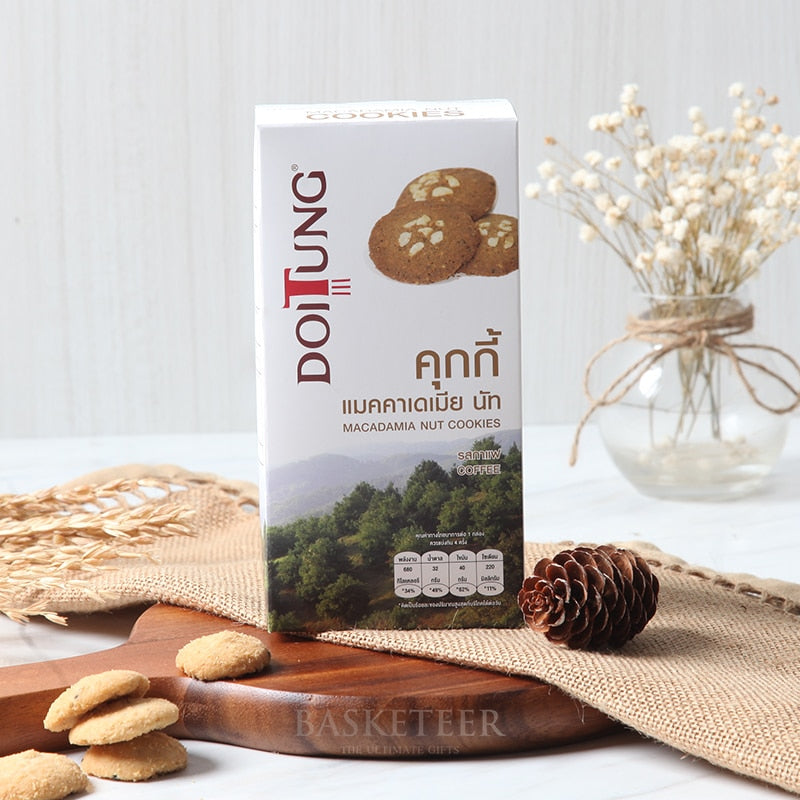 DoiTung macadamia nut coffee cookies in white gift box with artisan presentation on wooden board