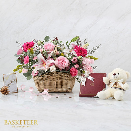 Premium flower basket with chocolate gift box and teddy bear combo set for celebration gifting