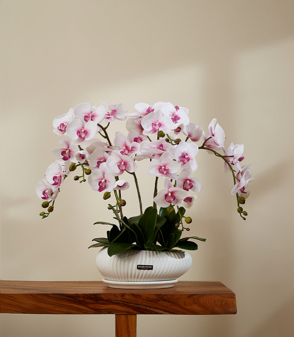 Light pink and white artificial orchids in white ceramic ribbed planter with saucer