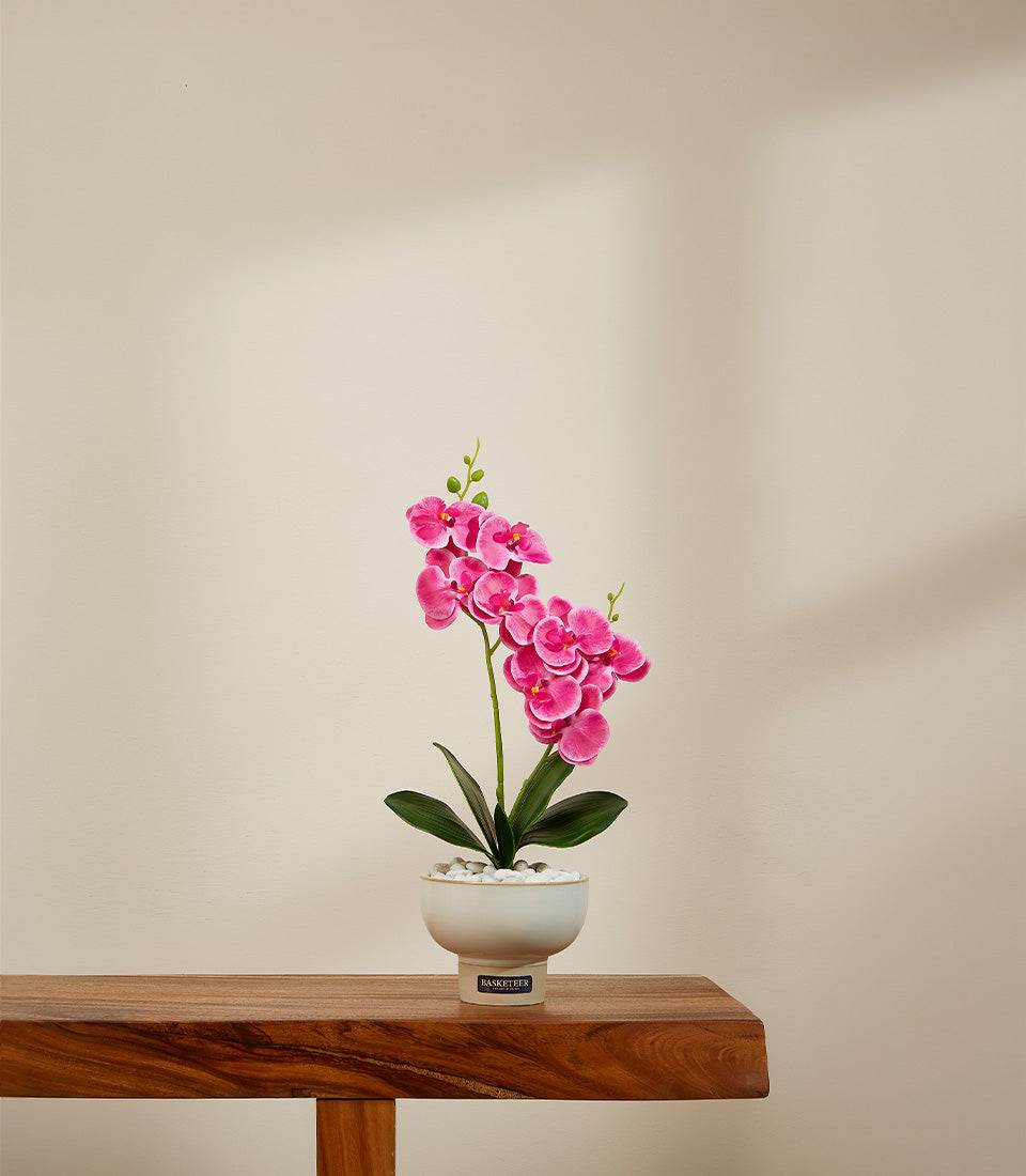 Vibrant pink artificial orchid in white ceramic pot with decorative stones