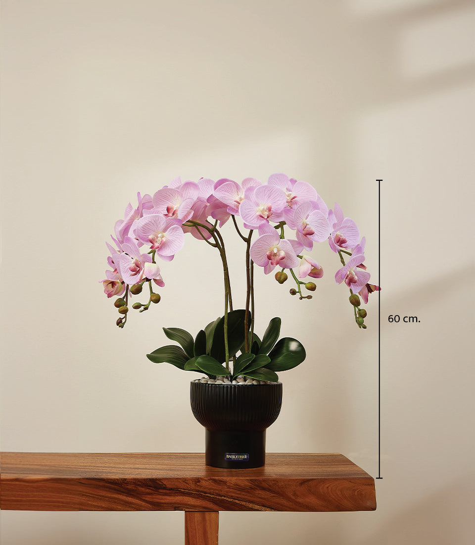 Light purple artificial orchid in black pot, 60cm tall potted plant for gifting