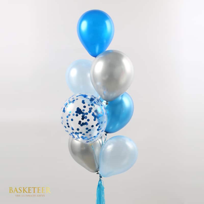 Premium blue and silver balloon bouquet set with confetti-filled accent and tassel