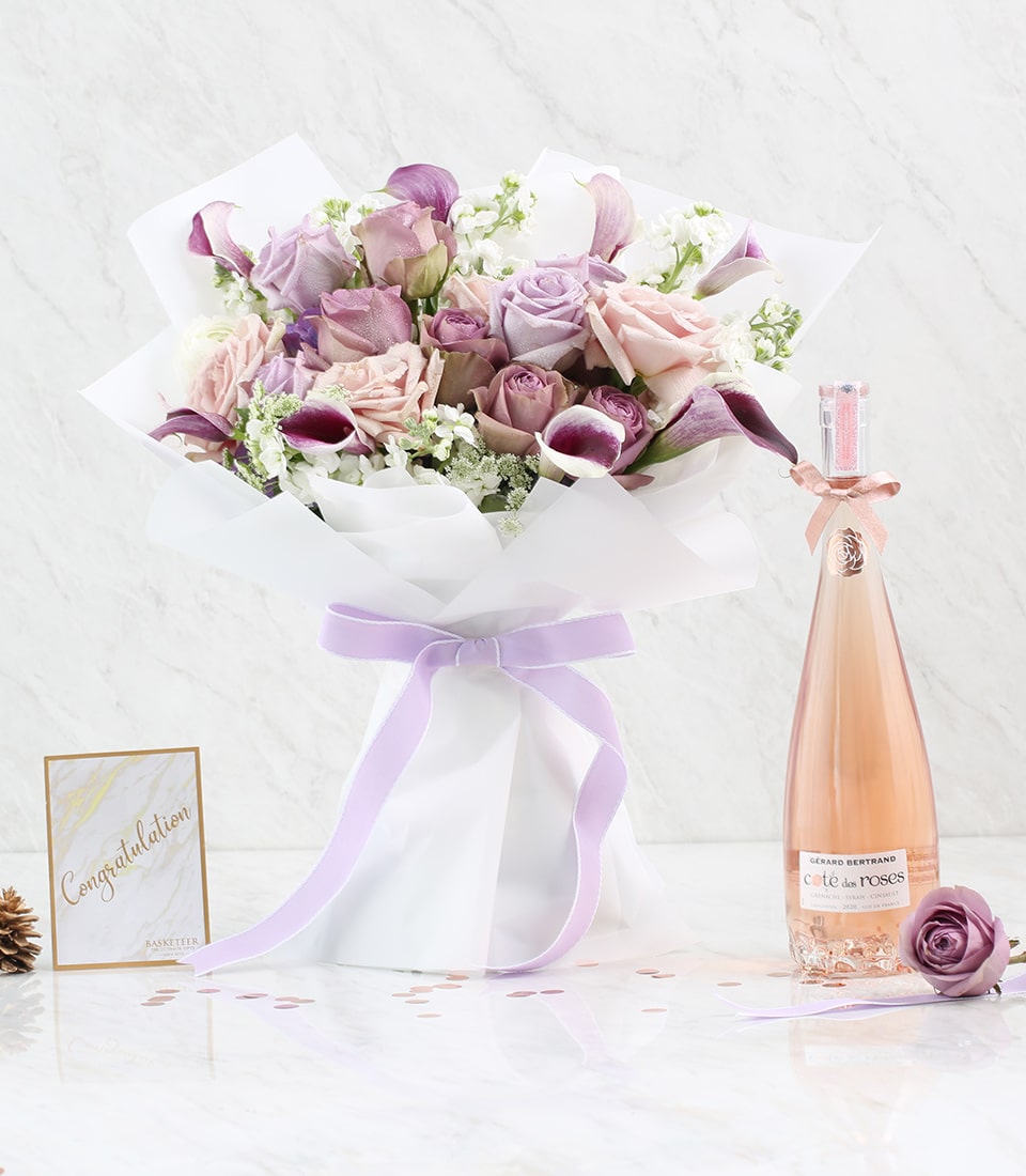 Lavender Charm Bouquet with rosé sparkling wine, purple roses and calla lilies, anniversary gift set