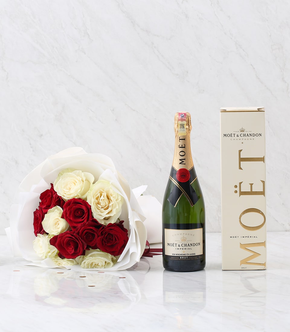 Moët champagne with red and cream rose bouquet, luxury gift set with gold accents