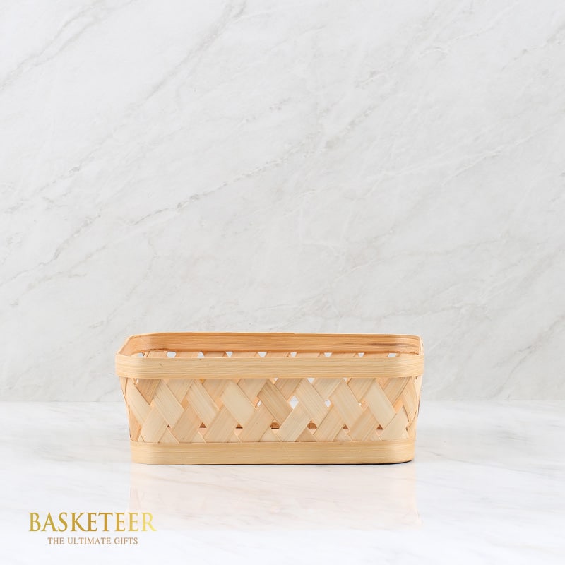 Light woven wooden basket with diagonal bamboo strips and solid wood trim